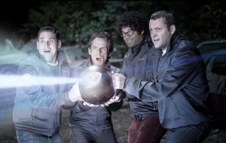 (L–R) Jonah Hill, Ben Stiller, Richard Ayoade, and Vince Vaughn in 'The Watch,' a science-fiction comedy about a suburban neighborhood watch group that defends Earth from an alien invasion. (Melinda Sue Gordon/ Twentieth Century Fox Film Corporation)