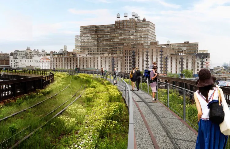 A loping spiral staircase gives access to this portion of the High Line that crosses 11th Avenue at West 30th Street. One concept includes the top of the staircase spanning across to create an overpass. (James Corner Field Operations and Diller Scofidio + Renfro. Courtesy City of New York and Friends of the High Line.)