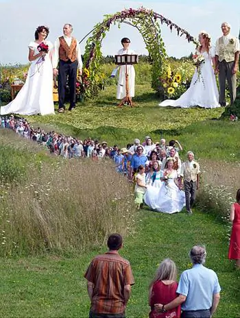 DOUBLE WEDDING AT ECOVILLAGE: Couple to the left Liz Walker and Jared Jones, center Reverend Jody Kessler, interfaith minister, to the right Graham O and Otto Ottoson. (Composite Image by Jerry Feist and James Bosjolie)
