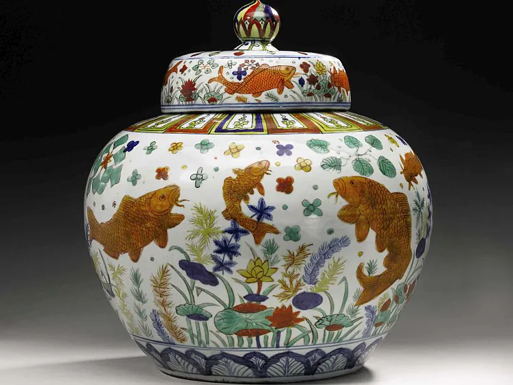 Coming from the Walters Museum in Baltimore, this wucai fish jar and cover, of the Jiajing mark and period, reached well over the estimate, fetching $2 million for the museum’s art acquisition fund. (Courtesy of Sotheby’s)