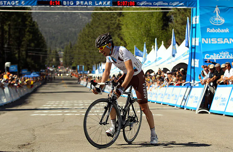 Sylvain Georges of Ag2R nearly collapses after crossing the finish line to win Stage Six of the Tour of California. The French rider made an incredible effort to lead the race for 184.5 km and solo the final fifty km fast enough that the peloton couldn’t catch him. (Ezra Shaw/Getty Images)