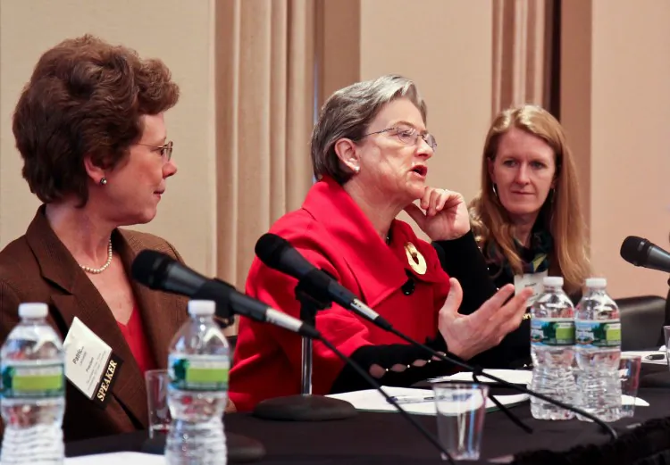 Patricia Lancaster(L), professor of Construction Management at NYU's Schack Institute of Real Estate, and Noreen Doyle (R), Hudson River Park Trust's executive vice president, listen to Kathryn Wylde, president & CEO, Partnership for New York at the first annual Real Estate Weekly Women's Forum. (Zachary Stieber/The Epoch Times)