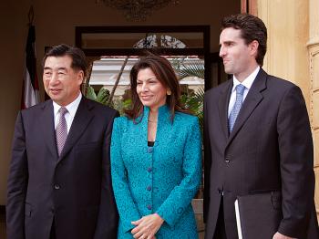 STATE VISIT: China's Vice Premier of Agriculture, Hui Liangyu, Costa Rican Vice President Laura Chinchilla Miranda, and Costa Rican Foreign Affairs Minister Bruno Stagno, at a press conference in San Jose' Costa Rica in May 2008.  (Tim McDevitt/The Epoch Times)