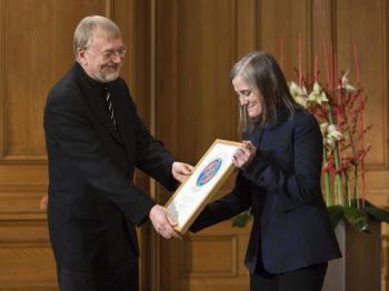 U.S. journalist Amy Goodman receives the Right Livelihood Award, also known as the alternative Nobel Prize, in Stockholm in December 2008.  (Henrik Montgomery/AFP/Getty Images)
