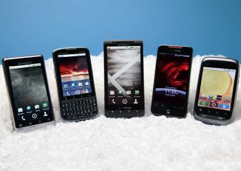 Android phones from Verizon: (L-R) DROID 2 by Motorola, DROID PRO by Motorola, DROID X by Motorola, DROID Incredible by HTC, Motorola CITRUS. (Courtesy of Verizon Wireless)