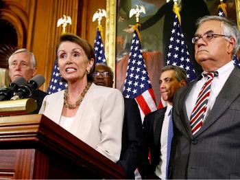Speaker of the House Nancy Pelosi (2nd L) talks to the news media during a news conference with House Majority Leader Steny Hoyer (L), Majority Whip James Clyburn (3rd L), Rep. Rahm Emanuel and House Financial Services Committee Chairman Barney Frank on C (Chip Somodevilla/Getty Images)
