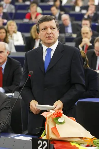 European Commission President Jose Manuel Barroso addresses deputies after his election at the European Parliament in Strasbourg, eastern France, on Sept. 16. The EU parliament gave Barroso a second five-year term as president of the powerful European Com (Frederick Florin/AFP/GETTY IMAGES)