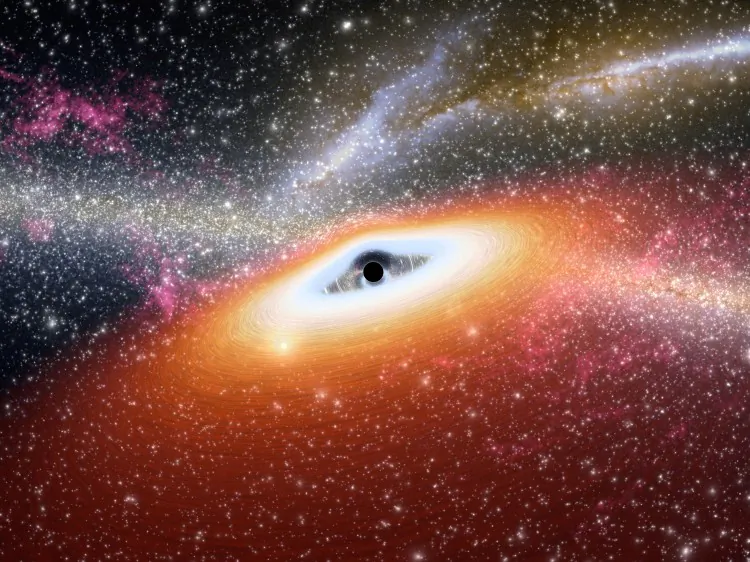 Artist's concept of the supermassive black hole (black dot) in the center of a young, star-rich galaxy. The supermassive black hole at the heart of each active galaxy can ionize all surrounding gas, making it undetectable by our telescopes. (NASA/JPL-Caltech)