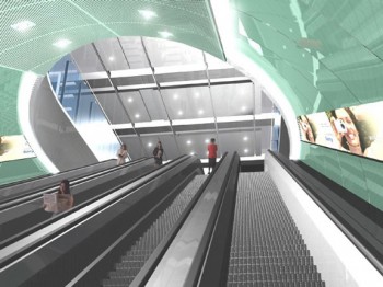 An artist's rendering of what the escalators that connect the concourse of the new Long Island Railroad terminal at Grand Central with the lower level mezzanine will look like when finished. (Courtesy of MTA) An artist's rendering of what the escalators that connect the concourse of the new Long Island Railroad terminal at Grand Central with the lower level mezzanine will look like when finished. (Courtesy of MTA)