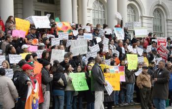 BUDGET CUTS FELT DEEP: Over 200 non-profit groups and service providers protested more budget cuts announced on Wednesday by Governor Paterson at New York's City Hall. (Katy Mantyk/The Epoch Times) BUDGET CUTS FELT DEEP: Over 200 non-profit groups and service providers protested more budget cuts announced on Wednesday by Governor Paterson at New York's City Hall. (Katy Mantyk/The Epoch Times)