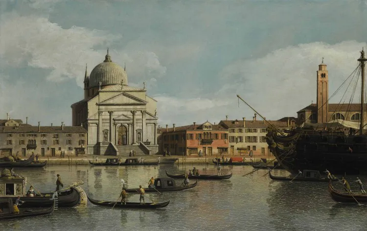 Venetian artist Canaletto’s “Venice, a View of the Churches of the Redentore and San Giacomo, with a Moored Man-of-War, Gondolas and Barges,” (1747–1755) was Sotheby’s top lot, fetching just under $5.7 million. (Courtesy of Sotheby's)