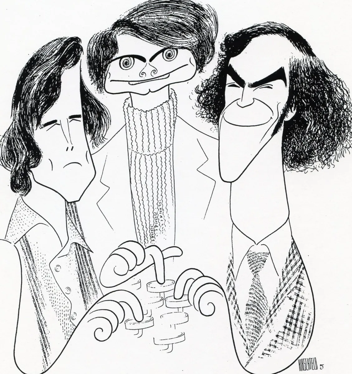 Al Hirschfeld caricature of three Tonight Show writers, (L–R): Michael Barrie, Jim Mulholland, Nick Arnold 1972. (Courtesy of Mike Barrie)