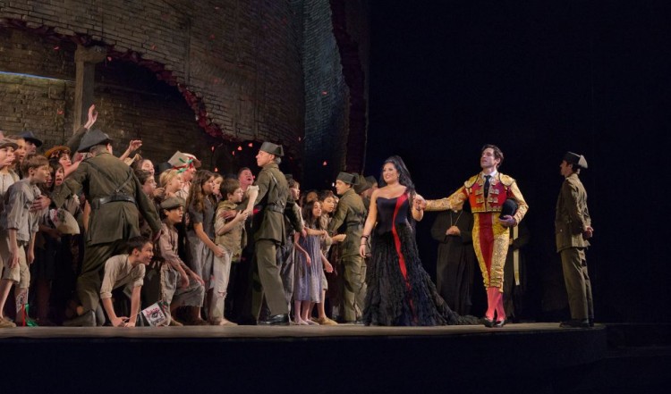 A scene from Bizet’s “Carmen” with Anita Rachvelishvili as the title character and Kyle Ketelsen as Escamillo. “Carmen” is running at the Metropolitan Opera House now through Oct. 18. (Ken Howard/Metropolitan Opera)