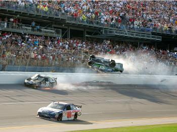 Carl Edwards flies into the catch fencing at the NASCAR Aaron's 499 at Talladega Superspeedway on April 26, 2009. If this is still happening despite restrictor plates which cripple the racing, maybe the entire concept of superspeedway racing needs to be e (Jerry Markland/Getty Images for NASCAR) Carl Edwards flies into the catch fencing at the NASCAR Aaron's 499 at Talladega Superspeedway on April 26, 2009. If this is still happening despite restrictor plates which cripple the racing, maybe the entire concept of superspeedway racing needs to be e (Jerry Markland/Getty Images for NASCAR)