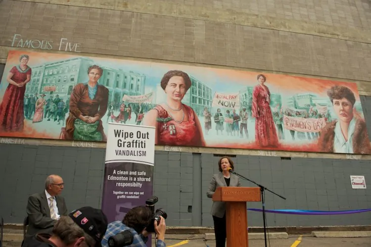 Alberta Premier Alison Redford speaks at the unveiling of the Famous Five mural in Edmonton. The mural is part of a campaign to clean and beautify the city and deter graffiti vandalism. (Courtesy City of Edmonton)