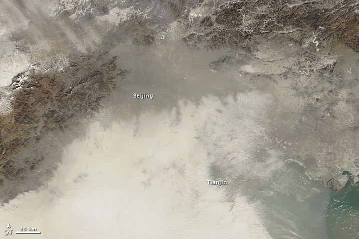 A NASA satellite image taken Jan. 14 showing the extent of pollution covering Beijing and outlying areas. (NASA)