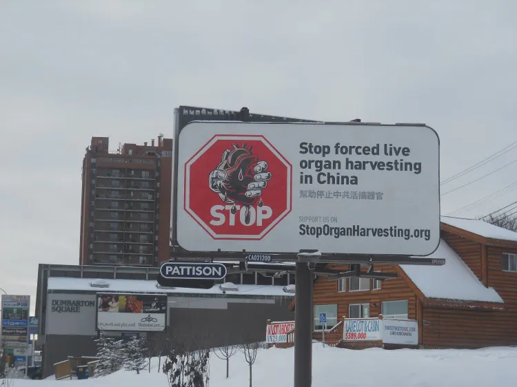 A billboard raising awareness about illegal organ harvesting in China sits by a South Calgary thoroughfare. Forums titled “State Organs” will be held in Calgary and Edmonton this weekend to explore the ongoing practice of illegal, forced organ harvesting from living Falun Gong practitioners incarcerated in China. Keynote speaker is human rights lawyer and Nobel prize nominee David Matas, who will discuss a new book he co-edited exposing China’s system of illegal organ harvesting: “State Organs: Transplant Abuse in China.” The issue was explored recently at a U.S. Congressional hearing as well as in UN side panel discussions. (The Epoch Times)