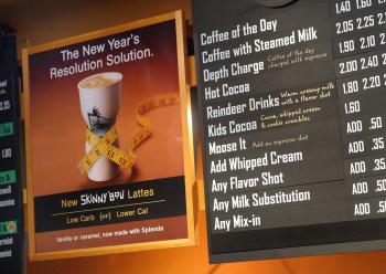 Promotional signage for new 'Skinny'Bou Lattes' reading at a Caribou Coffee store in Mount Prospect, Illinois. (Tim Boyle/Getty Images)