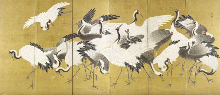 “Rooster, Hen and Chicken with Spiderwort,” Katsushika Hokusai (1760–1849) Edo period (1615–1868), circa 1830–33. Polychrome woodblock print, ink and color on paper, 9 inches by 11 1/2 inches, The Francis Lathrop Collection, Purchase, Frederick C. Hewitt Fund, 1911. (Courtesy of The Metropolitan Museum of Art)