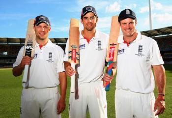 England Centurian batsmen Jonathan Trott, Alastair Cook and Andrew Strauss pose for a picture during Day 5 of the First Ashes Test match against Australia at The Gabba on Nov. 29, 2010 in Brisbane, Australia. (Tom Shaw/Getty Images) England Centurian batsmen Jonathan Trott, Alastair Cook and Andrew Strauss pose for a picture during Day 5 of the First Ashes Test match against Australia at The Gabba on Nov. 29, 2010 in Brisbane, Australia. (Tom Shaw/Getty Images)
