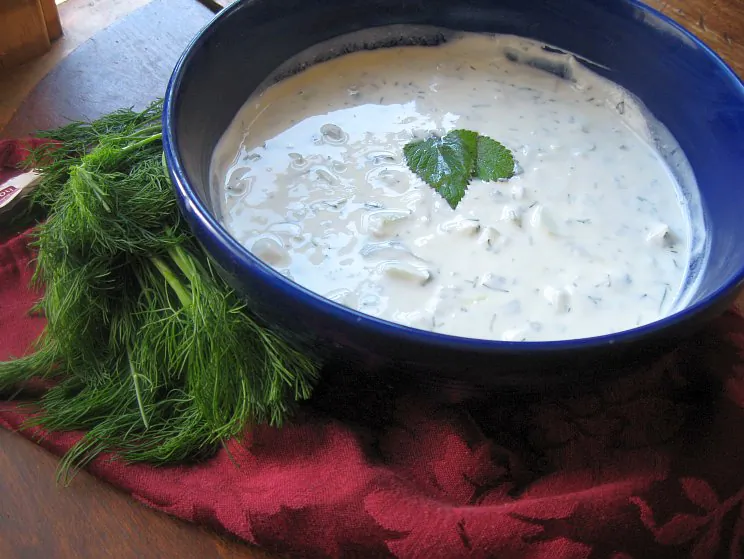 Cool, refreshing cucumber soup made with yogurt, sour cream, and fresh herbs. (Maureen Zebian/The Epoch Times)