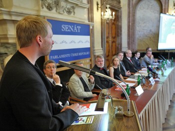 A press conference was held today in Senate of Czech Republic. From left Jakub Smid, Zdenek Vojtisek, Jaromir Stetina, Katerina Jaques, Marek Belza, Bohumil Bartosek, Milan Kajinek, Marek Benda, and Roman Joch. (Petr Svab/The Epoch Times)
