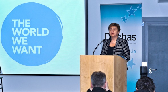 Commissioner Georgieva speaking in Dublin Castle at the launch of Dochas report ‘The World We Want’ (Martin Murphy/The Epoch Times)