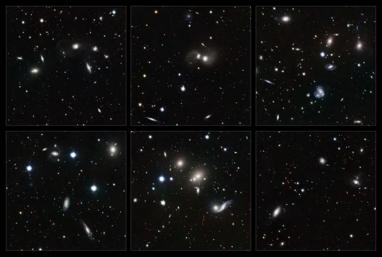 These highlights, taken from a new image of the young Hercules galaxy cluster by the VLT Survey Telescope (VST) and the OmegaCAM camera, show a wide variety of interacting galaxies. (ESO/INAF-VST/OmegaCAM. Acknowledgement: OmegaCen/Astro-WISE/Kapteyn Institute)