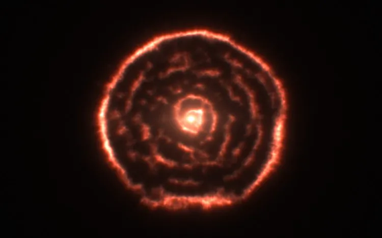 Data visualization showing curious spiral spotted by ALMA around red giant star R Sculptoris. (ESO)