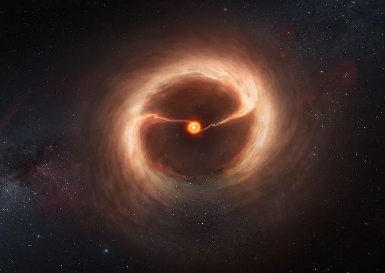 Artist’s impression showing the disc of gas and cosmic dust around the young star HD 142527. (ALMA (ESO/NAOJ/NRAO), M. Kornmesser/ESO))