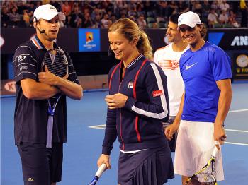 Andy Roddick (L), Kim Clijsters (C), Novak Djokovic (2R) and Rafael Nadal (R) were among the tennis celebrities who joined Federer to raise money to aid earthquake victims in Haiti. (Paul Crock/AFP/Getty Images) Andy Roddick (L), Kim Clijsters (C), Novak Djokovic (2R) and Rafael Nadal (R) were among the tennis celebrities who joined Federer to raise money to aid earthquake victims in Haiti. (Paul Crock/AFP/Getty Images)