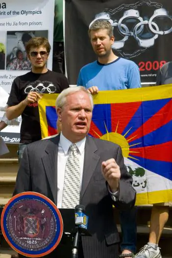 SHOWING SUPPORT: City Council Member Tony Avella speaks out against the Chinese communist regime’s oppressive nature, stressing the importance of speaking out against its atrocities.  (JOSHUA PHILIPP/THE EPOCH TIMES)