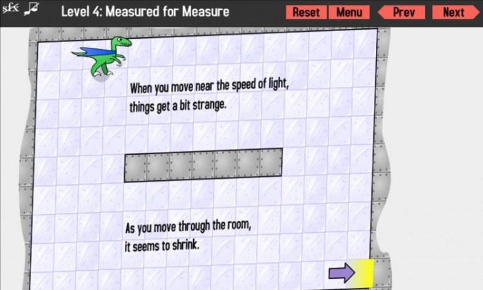 Screenshot of the Velocity Raptor, a game based on the theory of special relativity. (The Epoch Times)