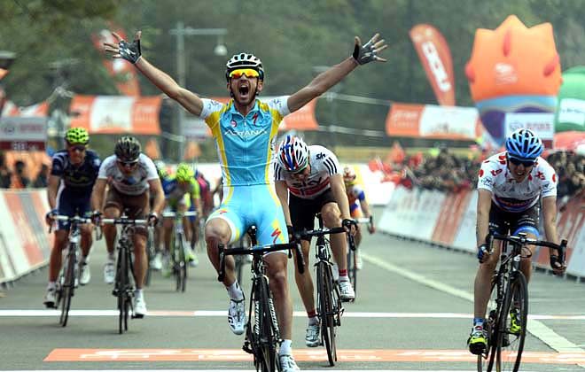 Francesco Gavazzi celebrates winning Stage Three of the 2012 Tour of Beijing. (tourofbeijing.net)