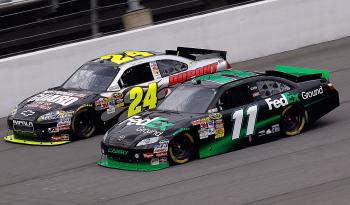 Denny Hamlin in the #11 FedEx Ground Toyota, and Jeff Gordon in the #24 DuPont/National Guard Skills Chevrolet, lie second and third in the points heading into Watkins Glen. (Sam Greenwood/Getty Images) Denny Hamlin in the #11 FedEx Ground Toyota, and Jeff Gordon in the #24 DuPont/National Guard Skills Chevrolet, lie second and third in the points heading into Watkins Glen. (Sam Greenwood/Getty Images)