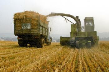 A self-propelled combine harvests on a field near a village of Meshcherskoye, Russia on August 15, 2010. A Russian ban on grain exports sparked concerns over food stability by the United Nations Food and Agriculture Organization. (Yuri Kadobnov/AFP/Getty Images)