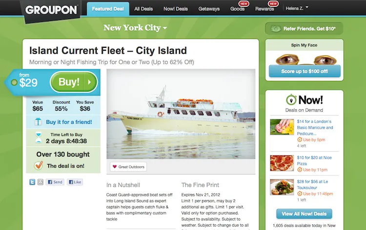 Groupon Inc.’s stock surged as much as 27 percent to $14.93 on Tuesday. Pictured is the front page of Groupon for a New York user. (Helena Zhu/The Epoch Times)