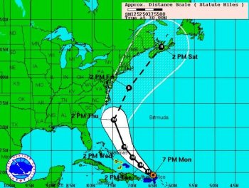 HURRICANE COMING: Hurricane Earl is forecast to run almost parallel to the U.S. East Coast, starting with North Carolina. It may reach the Canadian Maritime provinces by Saturday morning. This image shows a five-day forecast of the hurricane's path.   (Courtesy of NOAA)