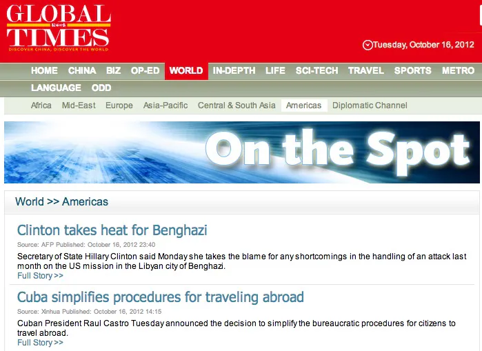 The Global Times website, featuring international coverage with a nationalist bent. The editor, Hu Xijin, will reportedly be sacked because of his allegiance to ousted official Bo Xilai. (Global Times)