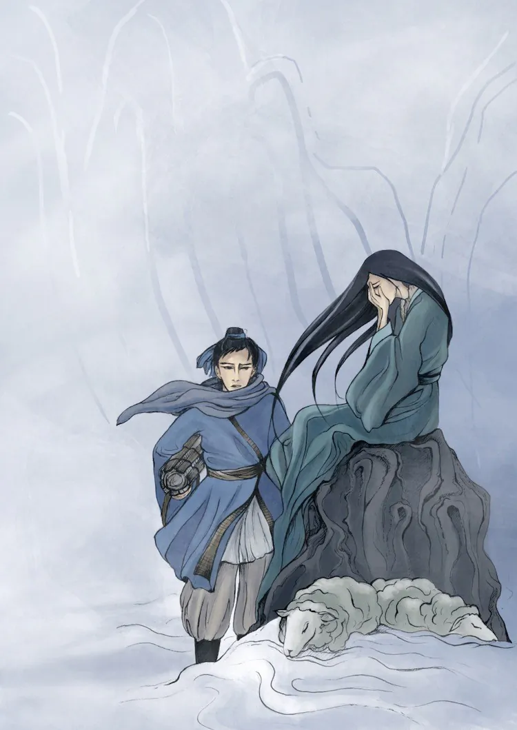 Liu Yi comes upon the dragon princess, alone in an icy wilderness, with a flock of sheep. (Shaoshao Chen/The Epoch Times Staff)