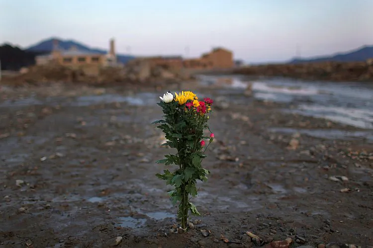 Flowers have been placed at the site where a home used to stand on March 11, 2012 in Rikuzentakata, Japan. Sunday, March 11, marked one year since the triple disaster struck Japan—and also sent shockwaves throughout the world. (Chris McGrath/Getty Images)