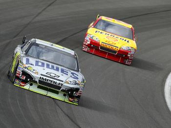 Jimmie Johnson in the #48 Lowe's/Kobalt Tools Chevrolet and Kevin Harvick, in the #29 Shell Pennzoil Chevrolet, treaded the lead several times during the NASCAR Sprint Cup Series Auto Club 500. (Jeff Gross/Getty Images) Jimmie Johnson in the #48 Lowe's/Kobalt Tools Chevrolet and Kevin Harvick, in the #29 Shell Pennzoil Chevrolet, treaded the lead several times during the NASCAR Sprint Cup Series Auto Club 500. (Jeff Gross/Getty Images)