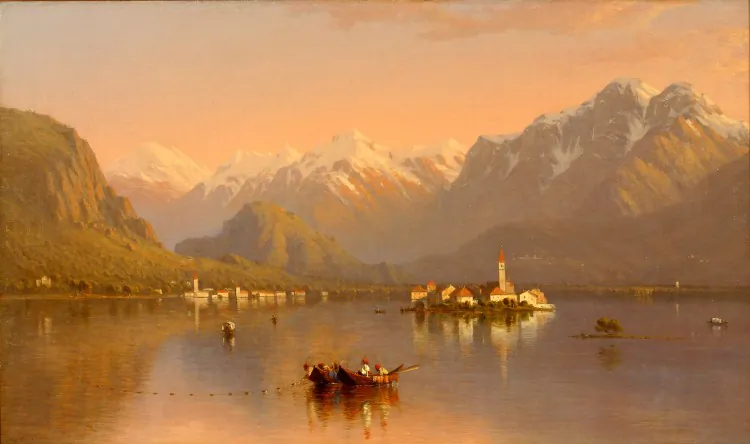 "Lake Maggiore, Italy" by Sanford Robinson Gifford (1823-1880). Gifford’s painting is among the Hudson River School paintings on exhibit now through Feb. 21 at the New York Historical Society. (Courtesy of New York Historical Society)