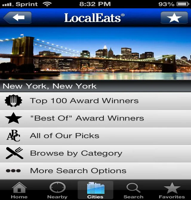 Screenshot of map showing list of places from a Flatiron neighborhood search. (The Epoch Times)
