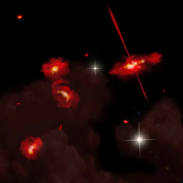 Artist's concept portraying the four extremely red galaxies discovered using the Spitzer Space Telescope. One exhibits signs of an active galactic nucleus, shown here as twin jets streaming out from a central black hole. (David A. Aguilar/CfA)