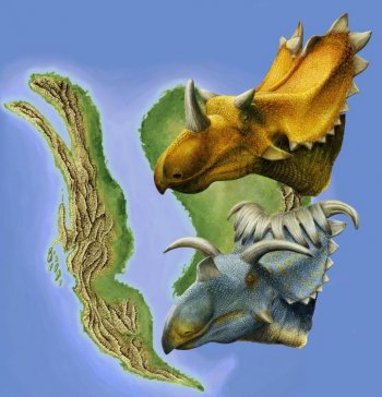 Artist's rendering of two new species of dinosaur, Utahceratops gettyi and Kosmoceratops richardson, discovered in the Grand Staircase-Escalante National Monument of southern Utah. (Courtesy of Utah Museum of Natural History)