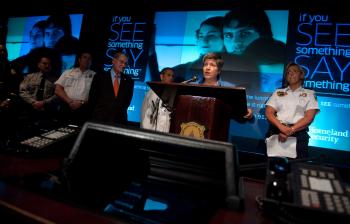 US Secretary of Homeland Security Janet Napolitano speaks during a press conference as she announces community-based security initiatives in conjunction with the National Night Out at Metropolitan Police headquarters in Washington on Aug. 3.  (Saul Loeb/Getty Images)