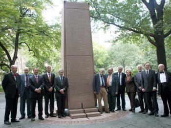 Some of the 2009 Nobel Laureates gathered at Theodore Roosevelt Park on Tuesday for the unveiling of their names on the Nobel monument. The ceremony was co-hosted the Norwegian ambassador to the United States and Swedish Ambassador, Parks Commissioner Adrian Benepe also attended. (The Epoch Times)
