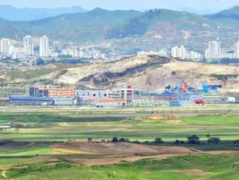 A general view of the inter-Korean industrial complex of Kaesong is shown from a South Korean observation tower in Paju, near the Demilitarized Zone separating the two Koreas on May 26. (Jung Yeon-Je/AFP/Getty Images)