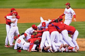 The Philadelphia Phillies pile on top of closing pitcher Brad Lidge #54 after they won 4-3 to win the World Series against the Tampa Bay Rays. (Michael Heiman/Getty Images) The Philadelphia Phillies pile on top of closing pitcher Brad Lidge #54 after they won 4-3 to win the World Series against the Tampa Bay Rays. (Michael Heiman/Getty Images)